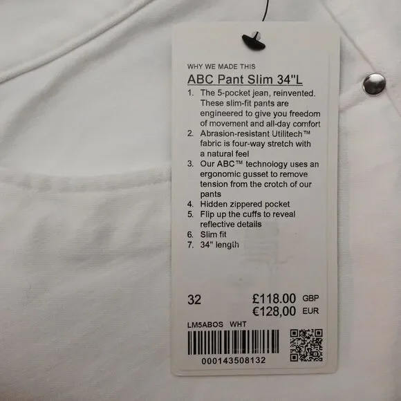 Mens Lululemon ABC Athletic Pant Slim 32 X 34 White Four Way Stretch New $128